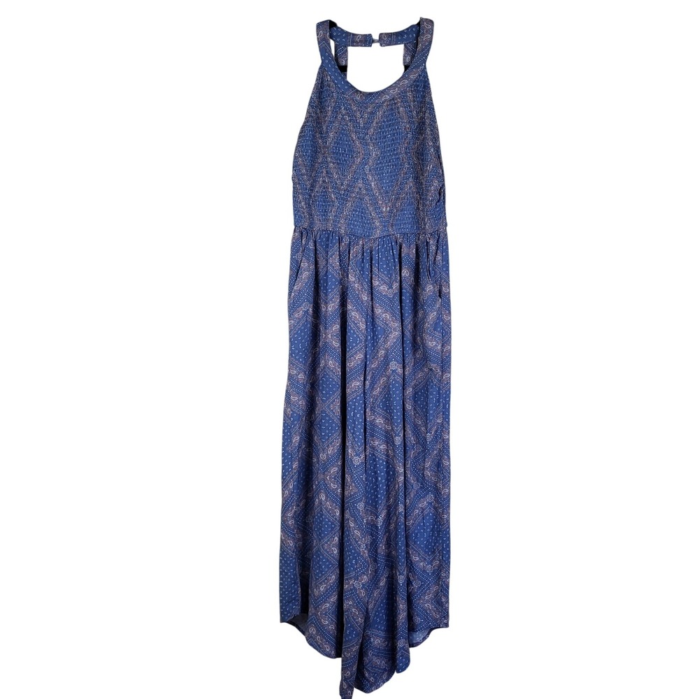 Japna Wide Leg Asymmetric Jumpsuit Women's Medium Blue Bandana Print Smocked